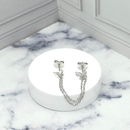 Aretes mariposa con cadena en plata 925