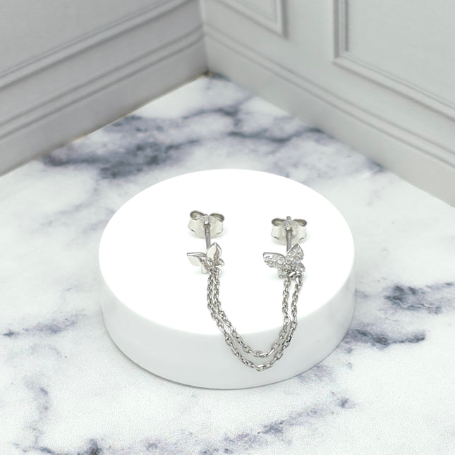Aretes mariposa con cadena en plata 925