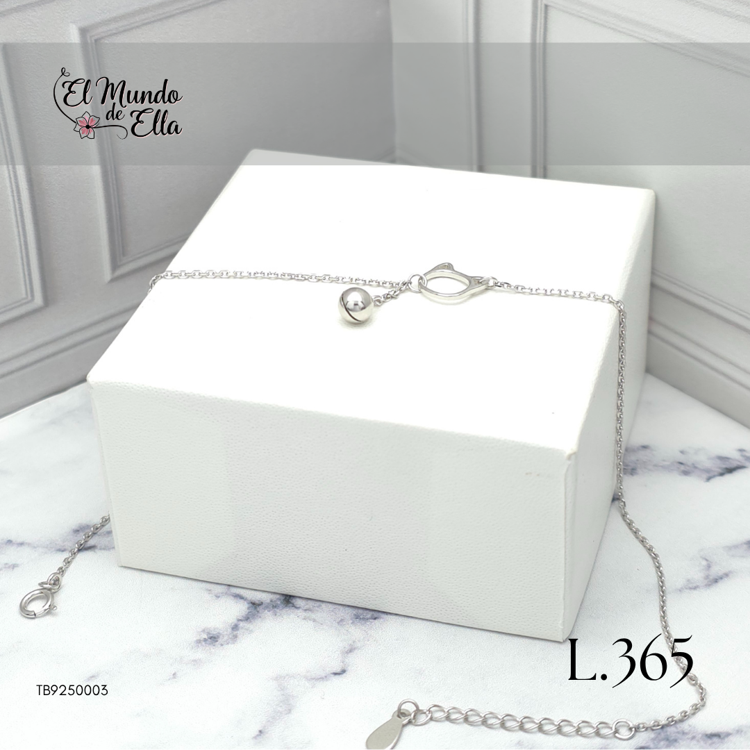 Tobillera de Plata con dije de gato y esfera