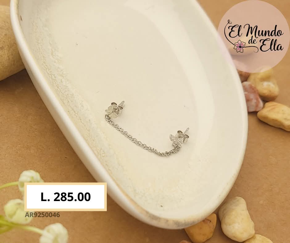 Aretes mariposa con cadena en plata 925